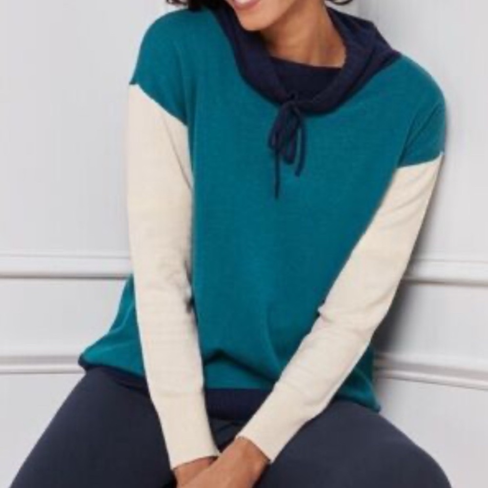 T by Talbots Sweater XS Color-block Drawstring Funnel Cowl Neck Teal Blue Cream